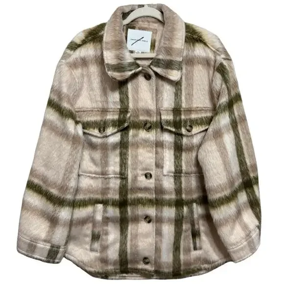American Eagle Fuzzy Shacket Women’s L Ivory Plaid Heavy Wool Blend Oversized - Picture 1 of 12